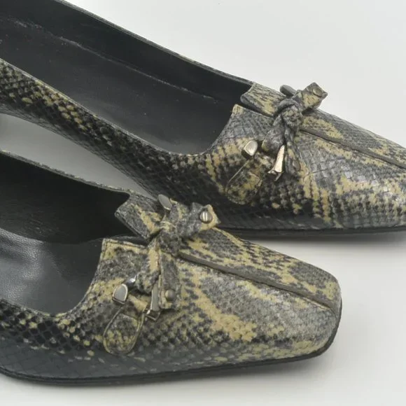 Stuart Weitzman Snakeskin Leather Pumps 7 M Black Tan Square Toe Kitten Heel - Picture 10 of 12